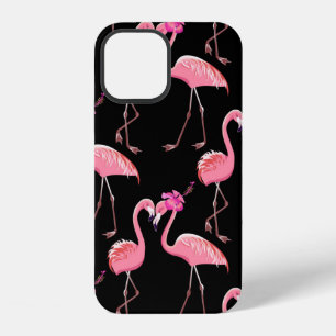 Coque iPhone 12 Deux flamants roses sur fond noir. Sans couture