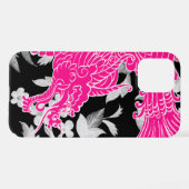 Coque iPhone 12 Dragon asiatique - Rose sur Floral noir (Verso Horizontal)