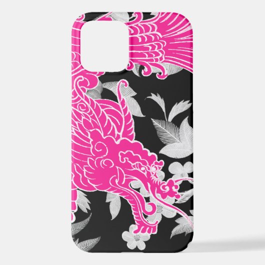 Coque iPhone 12 Dragon asiatique - Rose sur Floral noir (Verso)
