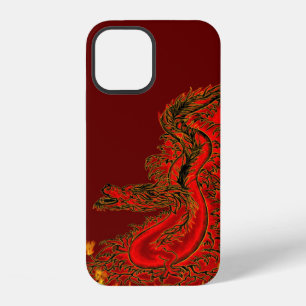 Coque iPhone 12 Dragon chinois dessin rouge et or