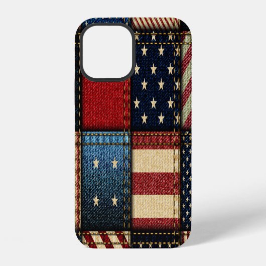 Coque iPhone 12 Drapeau américain, motif sans couture patchwork. (Verso)