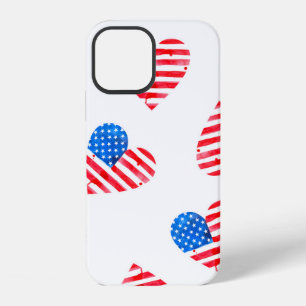 Coque iPhone 12 Drapeau aquarelle d'Amérique en forme de cœurs