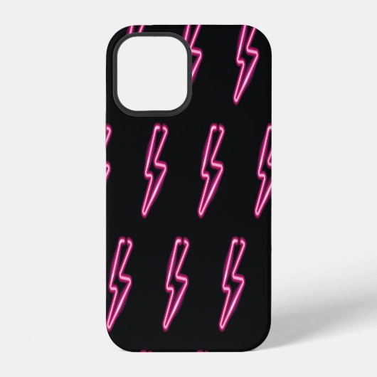 Coque iPhone 12 Éclair rose néon : fond sombre. (Verso)