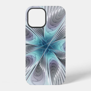 Coque iPhone 12 Élégance Moderne Fleur d'Art Fractal Bleu Gris Bla