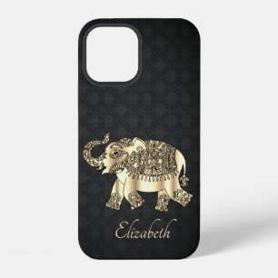 Coque iPhone 12 Élégant éléphant paisley or, damas-personnalisé