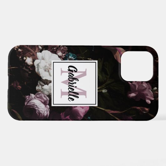 Coque iPhone 12 Élégant Monogramme floral foncé Nom du script (Verso Horizontal)