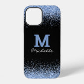 Coque iPhone 12 Élégant Monogramme noir Parties scintillant bleu c (Verso)
