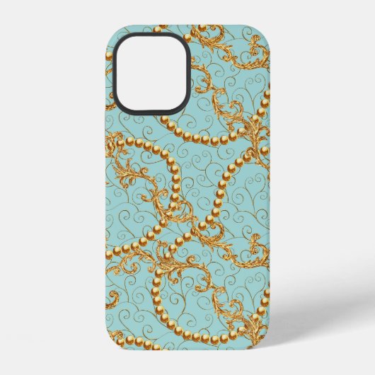 Coque iPhone 12 Éléments dorés rococo en motif continu. Texte doré (Verso)