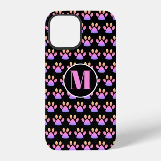 Coque iPhone 12 Empreinte de patte rose monogramme (Verso)