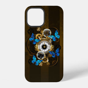 Coque iPhone 12 Engrenages Steampunk et papillons bleus