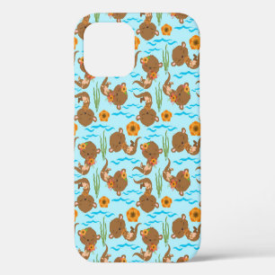 Coque iPhone 12 Famille de loutres Fleurs orange Floral Animal aqu