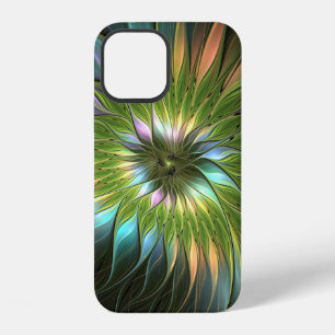 Coque iPhone 12 Fantaisie de fleurs fractales colorées lumineuses