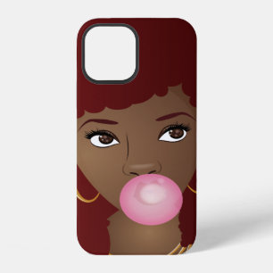 Coque iPhone 12 Femme noire, afro rouge, faisant éclater du bubble
