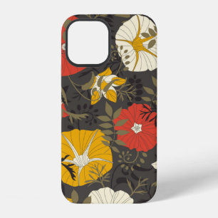 Coque iPhone 12 feuilles de dessin animé et fleurs sur un fond som