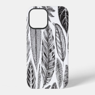 Coque iPhone 12 Feuilles exotiques, vintage floral noir et blanc.
