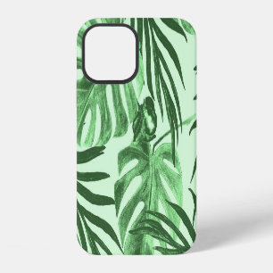 Coque iPhone 12 Feuilles tropicaux et fleurs, motif aquarelle.