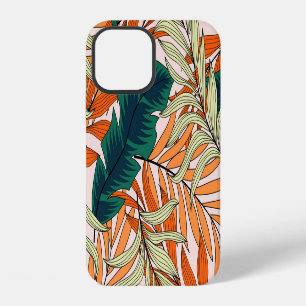 Coque iPhone 12 Feuilles vertes beige tropicales, motif sans coutu
