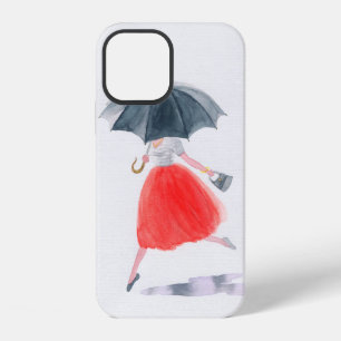 Coque iPhone 12 Fille avec parapluie sous la pluie. illustration d