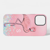 Coque iPhone 12 Flamant rose rose monogramme (Verso Horizontal)