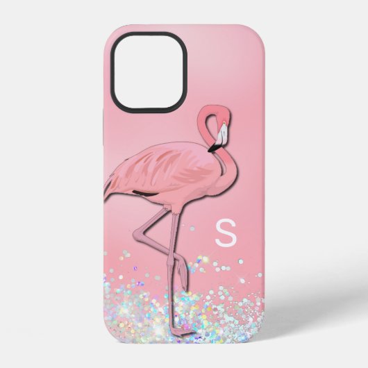 Coque iPhone 12 Flamant rose rose monogramme (Verso)