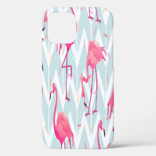 Coque iPhone 12 Flamants roses gris clair : Vintage tropical.
