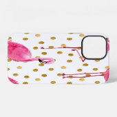 Coque iPhone 12 Flamants roses, points dorés, aquarelle. (Verso Horizontal)