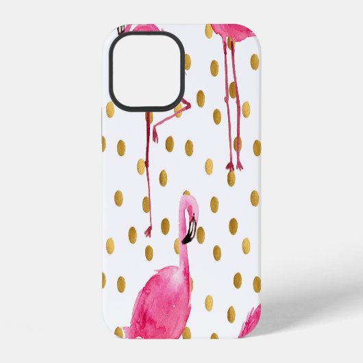Coque iPhone 12 Flamants roses, points dorés, aquarelle. (Verso)