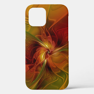 Coque iPhone 12 Fleur d'art fractal abstrait rouge orange marron v
