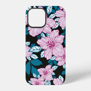 Coque iPhone 12 fleur de lys rose violet feuille bleue fond noir