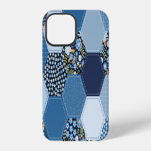 Coque iPhone 12 Fleur, patchwork en jean : motif bleu.