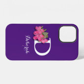 Coque iPhone 12 Fleur Rose Violet Monogrammée (Verso Horizontal)