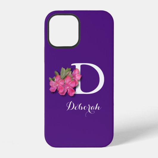 Coque iPhone 12 Fleur Rose Violet Monogrammée (Verso)