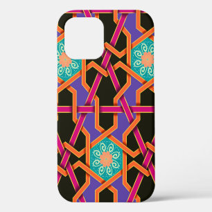 Coque iPhone 12 Fleur vert orange et violet Géométrique ethnique n