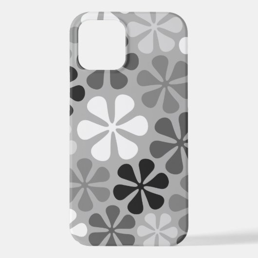 Coque iPhone 12 Fleurs Abstraites Gris noir blanc (Verso)