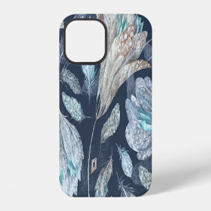 Coque iPhone 12 Fleurs Boho Chic : Aquarelle bleu foncé P