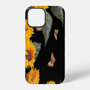 Coque iPhone 12 Fleurs de soleil et papillons : Aquarelle Noir Bac