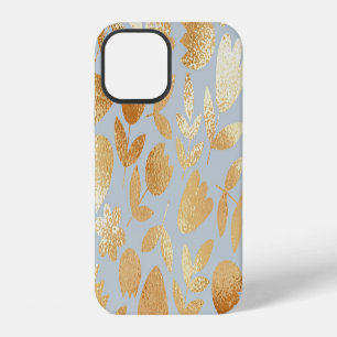 Coque iPhone 12 Fleurs dorées, fond bleu, imitation feuille métall