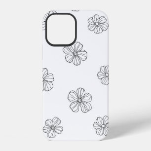 Coque iPhone 12 Fleurs noires dessinées à la main sur fond blanc.