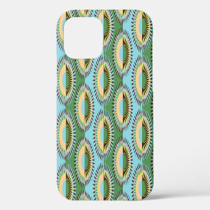 Coque iPhone 12 Fleurs pliées : motif rétro bleu-vert.