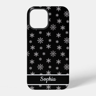 Coque iPhone 12 Flocons de neige motif noir nom personnalisé