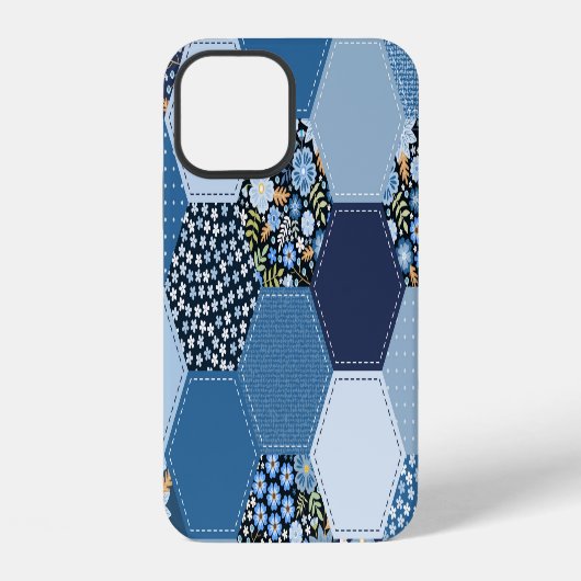 Coque iPhone 12 Floral, patchwork de denim : motif bleu. (Verso)