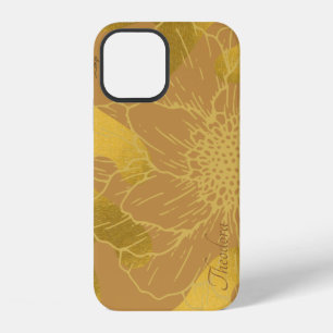 Coque iPhone 12 Fond élégant de feuilles d'or et de fleurs
