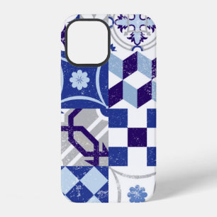 Coque iPhone 12 Fond patchwork vintage avec bleu traditionnel