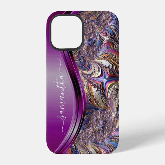 Coque iPhone 12 Fractale Moderne Violet Nom Manuscrit (Verso)