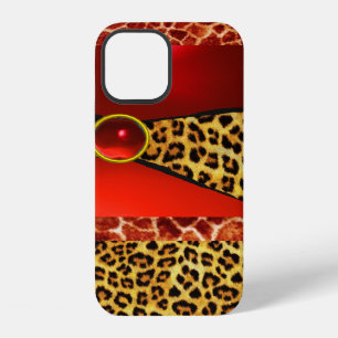 COQUE iPhone 12 GIRAFFE IMPRIMÉE PEAU DE LÉOPARD ROUGE RUBIS PIERR
