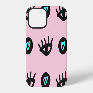 Coque iPhone 12 Girly Doodle : yeux cœurs sans couture.