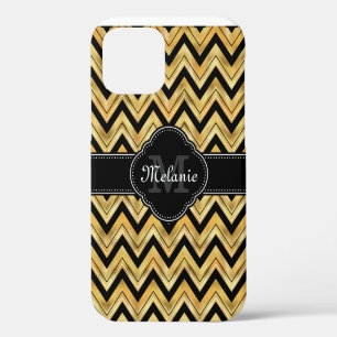 Coque iPhone 12 Golden Chevron Motif Noir Blanc Monogramme