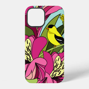 Coque iPhone 12 Goldfinch et fleurs