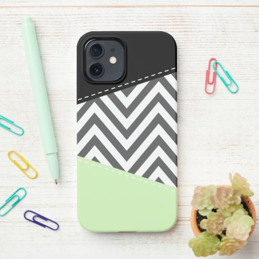 Coque iPhone 12 Gray Zigzag, Gray Chevron, Zigzag Pattern, Mint (Sur le bureau)