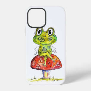 Coque iPhone 12 Grenouille verte fantaisiste mignonne sur un champ